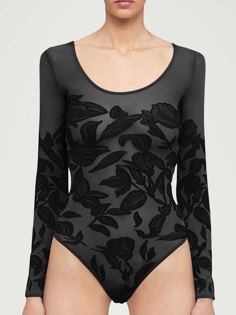 Wolford Flower Lace String Bodysuit in Black