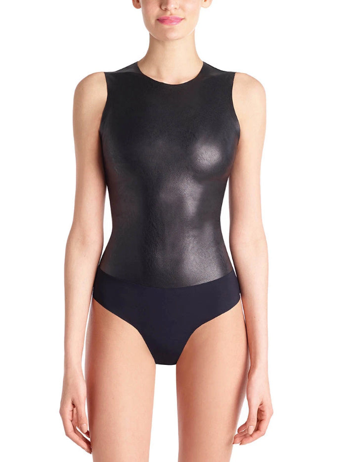 Comando  Faux Leather Deep V Bodysuit Black - Tryst Boutique